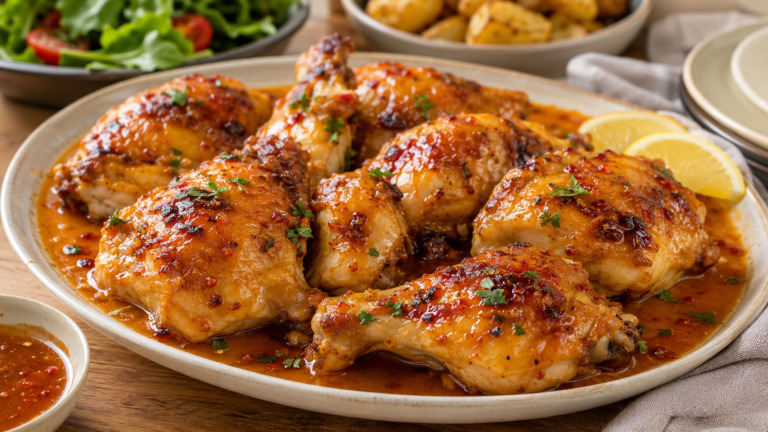 Golden chilli lemon chicken pieces served with pan juices on a relaxed family dinner table.