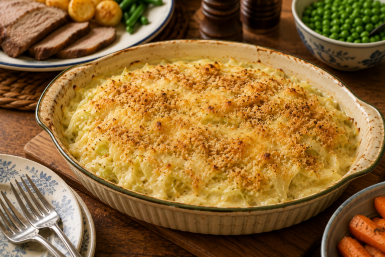 Creamy baked cabbage with cheese and golden breadcrumbs served as a homely vegetable side dish.