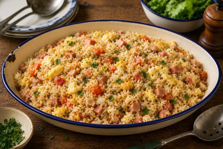 Homestyle fried rice with egg, tomato, onion, parsley and chopped ham served in a simple bowl.