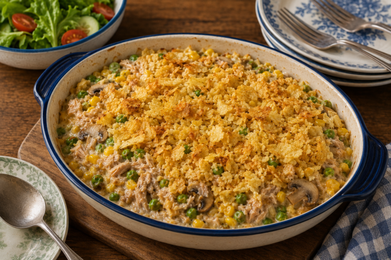 Creamy tuna bake with corn, peas, mushrooms, almonds and a golden potato chip topping.