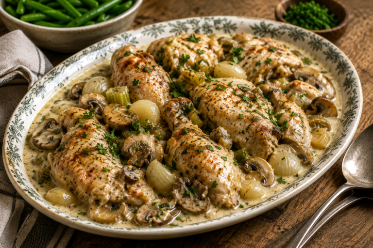 Creamy white wine chicken with mushrooms and parsley served in a homely family-style dish.