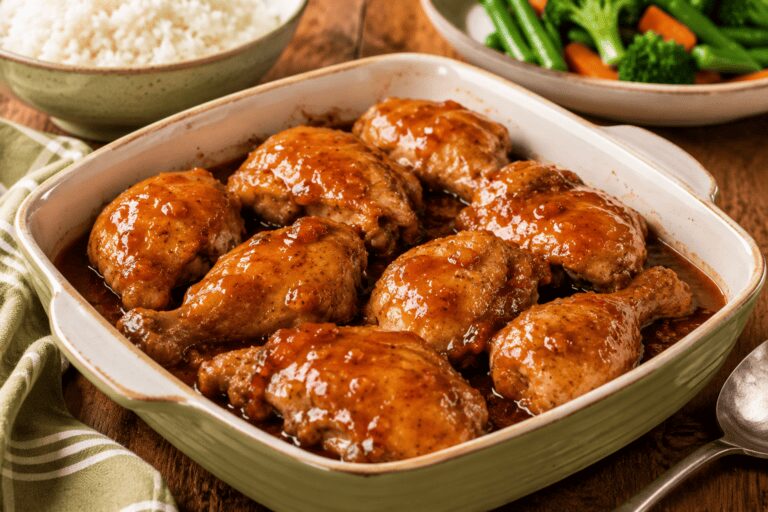 Sweet and savoury marinated chicken pieces served with rice and vegetables for a family dinner.