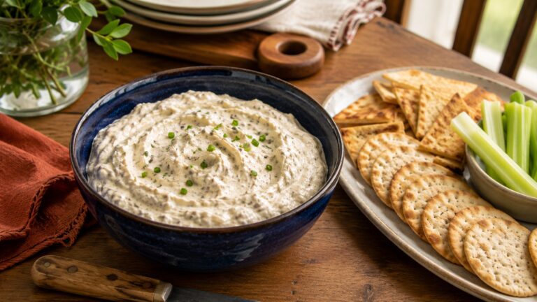 Creamy French onion dip served in a navy-blue stoneware bowl with crackers and fresh celery on a timber table.