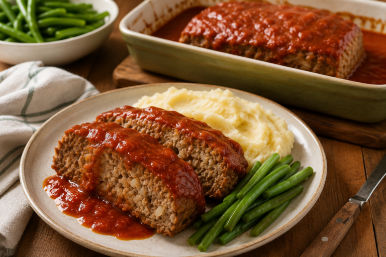 Sliced tomato rice meatloaf served with warm tomato sauce on a homely dinner plate.