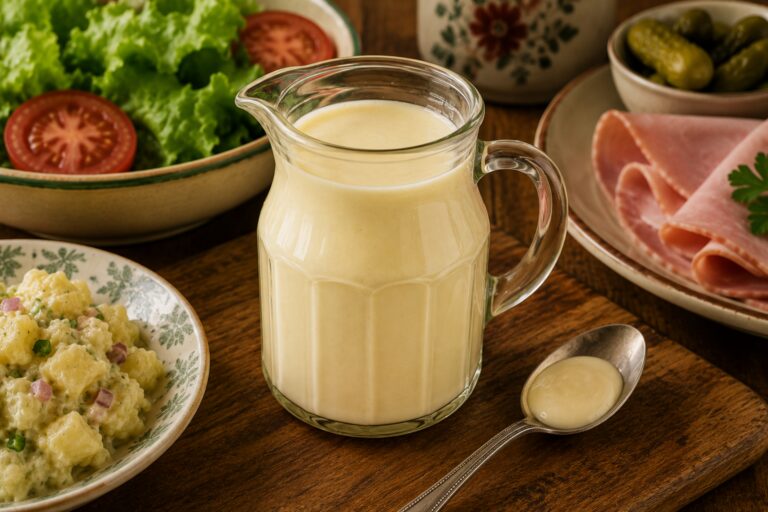 Creamy condensed milk mayonnaise served in a small jug beside salad leaves and cold meats.