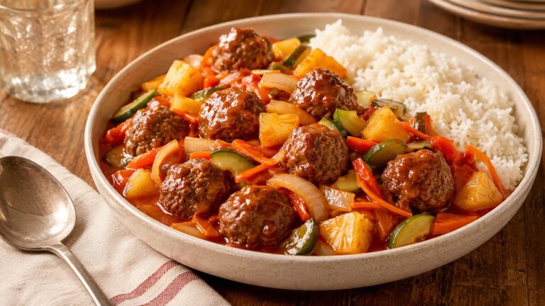 Homemade sweet and sour meatballs with pineapple and vegetables served in a stoneware bowl alongside steamed rice.