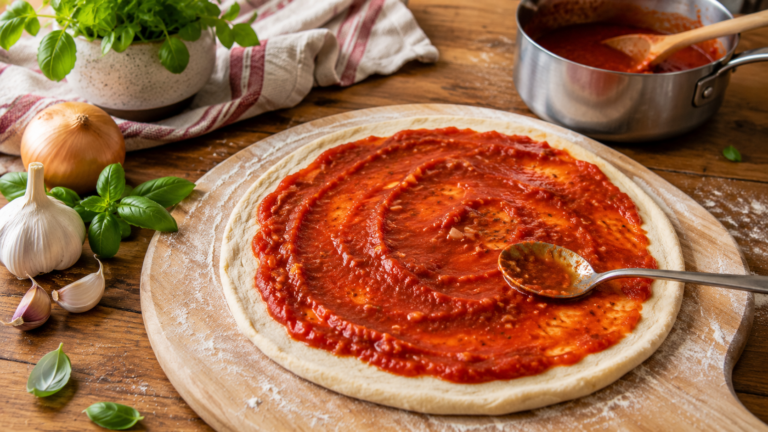 Homemade pizza sauce being spread over a fresh pizza base on a timber pizza peel.