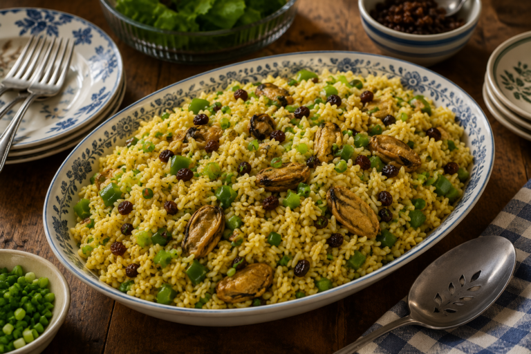 Curried rice with smoked oysters, green capsicum, sultanas and spring onions served as a savoury side dish.