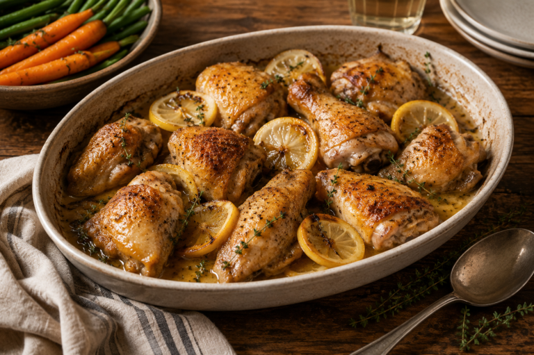 Golden lemon wine chicken served in a rustic stoneware roasting dish with fresh lemon slices and herbs.