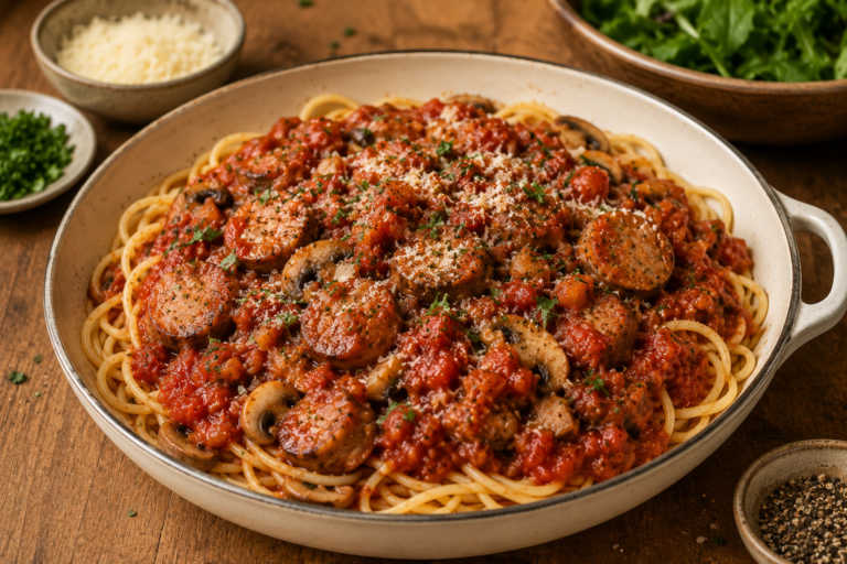 Hearty Italian sausage spaghetti sauce with tomatoes, mushrooms and herbs served over pasta.