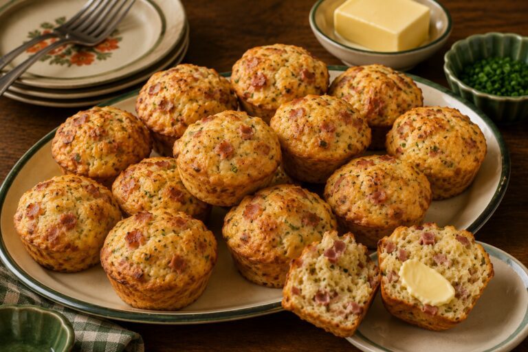 Small bacon and cheese buns baked in patty tins and served warm on a family-style platter.