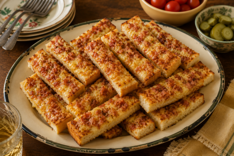 Retro pizza toast fingers topped with cheese, bacon and tomato sauce served on a sharing platter.