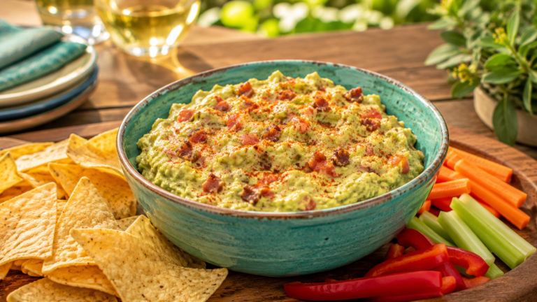 Avocado and bacon dip served in a turquoise ceramic bowl with corn chips and fresh vegetable sticks.