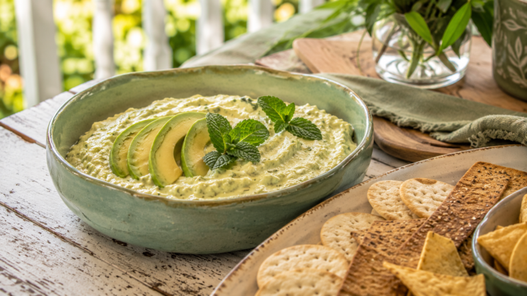 Creamy ricotta avocado dip garnished with fresh mint and avocado slices in a handmade sage-green pottery bowl.