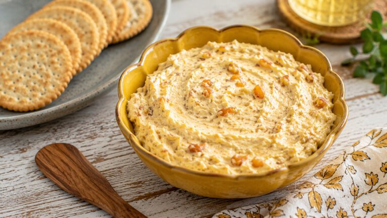 Curried cream cheese dip served in a vintage yellow ceramic bowl with assorted savoury crackers.