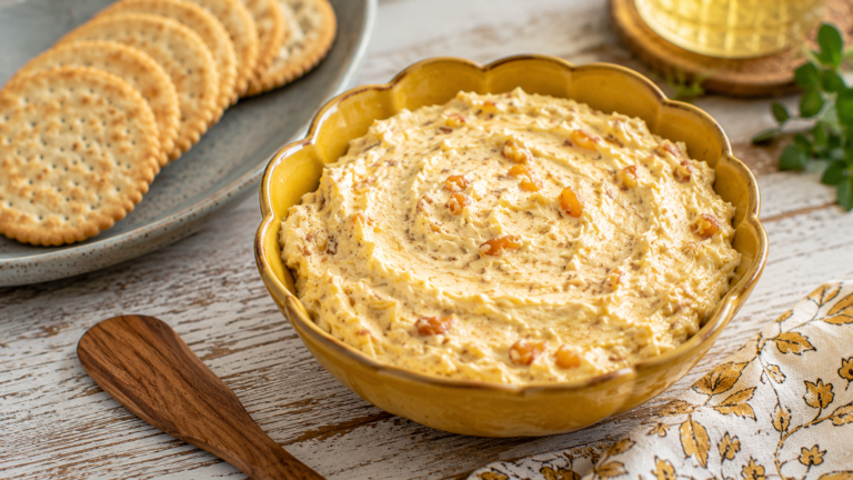 Curried cream cheese dip served in a vintage yellow ceramic bowl with assorted savoury crackers.