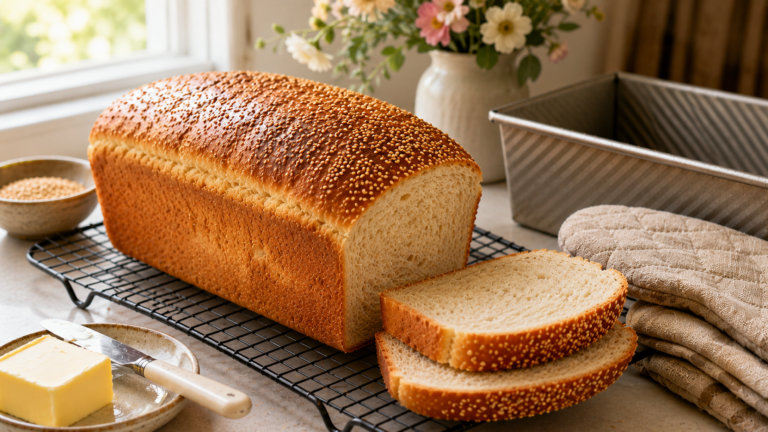 Homemade white bread loaf with sesame seed crust cooling beside a bread tin on a family kitchen bench.