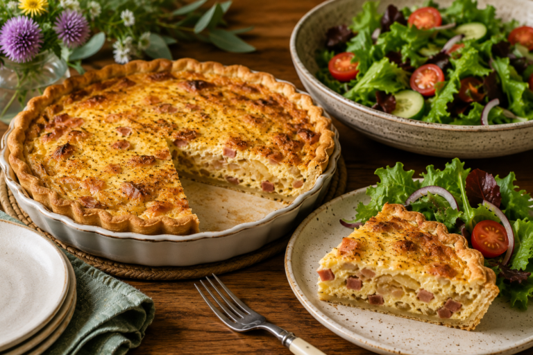 Savoury onion, ham and cheese tart sliced and served with salad on a family lunch table.