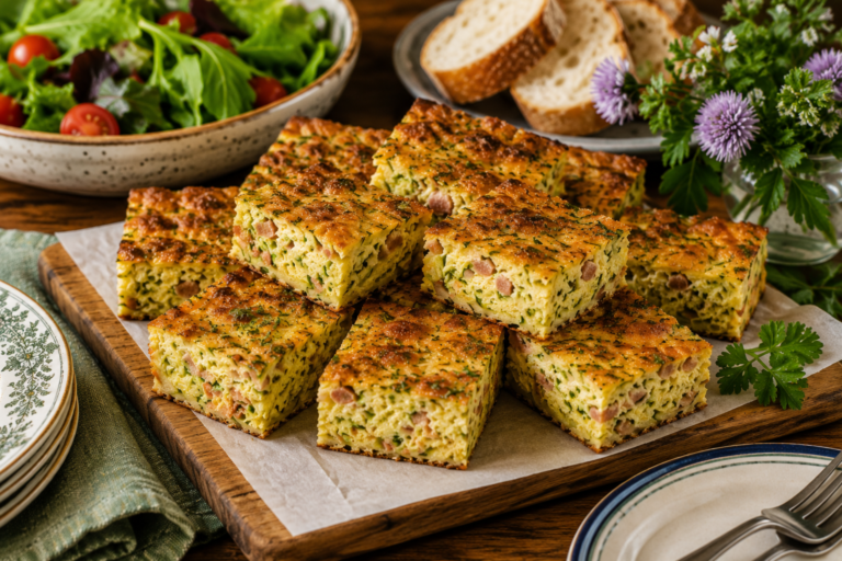 Golden zucchini slice cut into squares and served with salad and fresh bread on a family table.