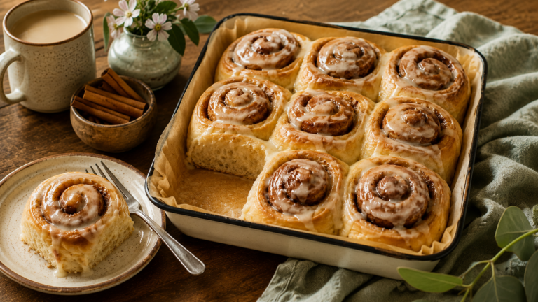 Vegan cinnamon scrolls baked in a tray with one scroll served on a plate beside tea and garden flowers.