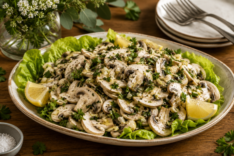 Fresh mushroom salad with parsley, lemon and lettuce served on a simple family-style table.