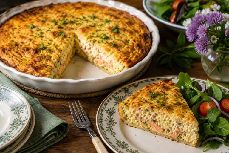 Savoury salmon impossible pie sliced and served with salad on a relaxed family lunch table.