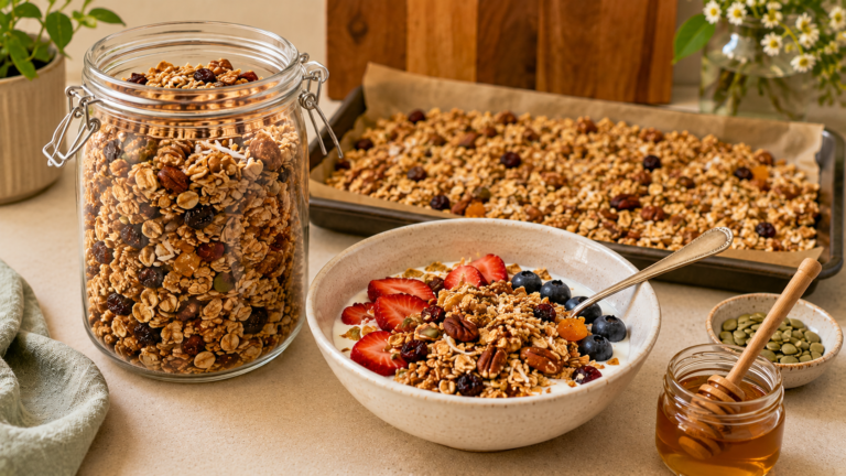 Homemade granola muesli with oats, nuts, seeds, coconut and dried fruit served with yoghurt and fruit.